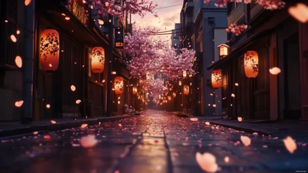 Moving Anime Wallpapers with cherry blossom petals drifting across a quiet street.