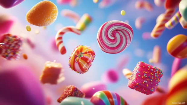 Moving Cartoons wallpaper with animated candy pieces spinning and tumbling.