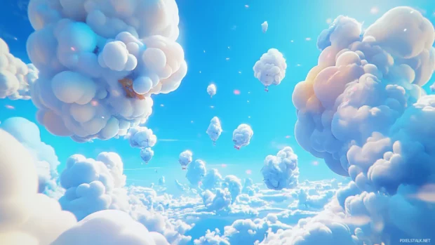 Moving Cartoons wallpaper with playful animated clouds drifting across a blue sky.