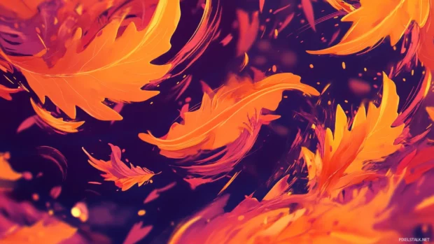 Moving animation of vibrant autumn leaves swirling in the wind.