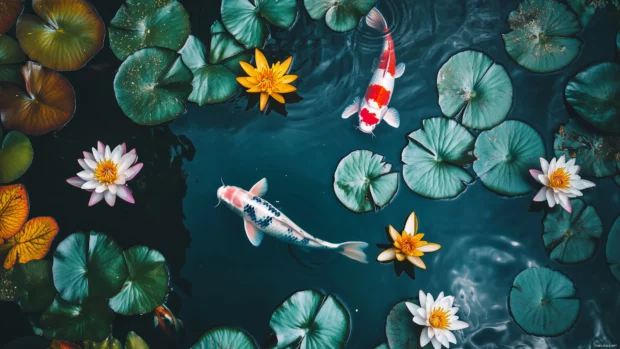 Moving gracefully among green lily pads and floating flowers is a top view of a koi pond with a variety of koi fish in vivid colors.