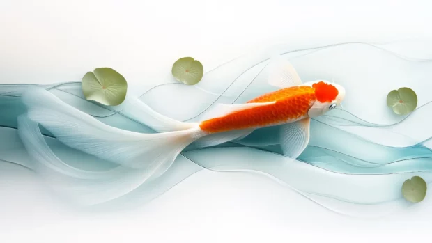 Moving gracefully through calm, clear water with lily pads scattered around is a single bright orange and white koi fish in focus.