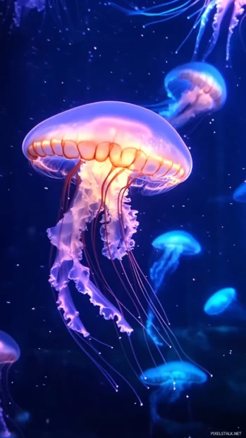 Moving iPhone Wallpapers featuring shimmering jellyfish gliding through glowing water.