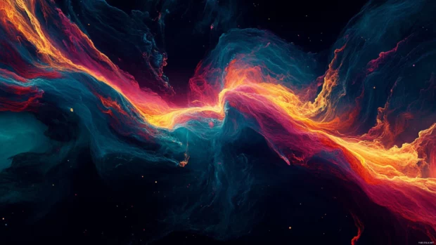 Moving wallpaper showcasing colorful abstract waves flowing across a dark background.