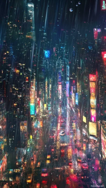 Moving wallpaper where water droplets race down glass under city lights.