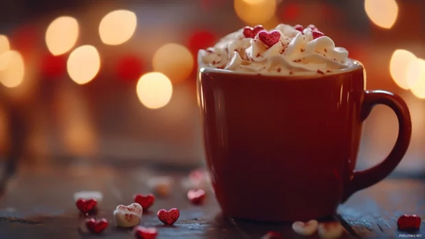 Mug of hot cocoa with whipped cream and tiny hearts.