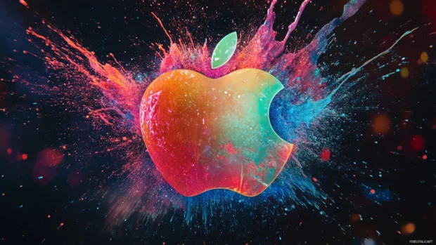 Multicolor splash Cool Apple wallpaper featuring apple logo with neon effects.