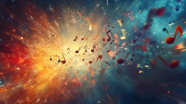 Multicolored music notes burst outward from center with vibrant rhythm and energy.