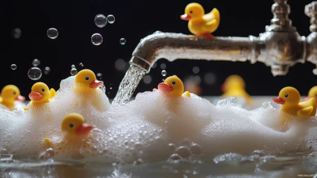 Multiple rubber ducks swim in foam bubbles near a faucet with running water.