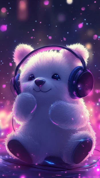 Music bear hugging headphones with sparkles around.