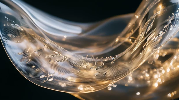 Music notes on glass surface, light reflects curves, glowing ethereal vibe.
