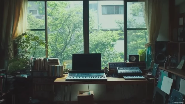 Music producer workspace, laptop, MIDI keyboard, instruments, natural light.