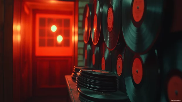 Music studio records, moody vintage vinyl, soft light album covers.
