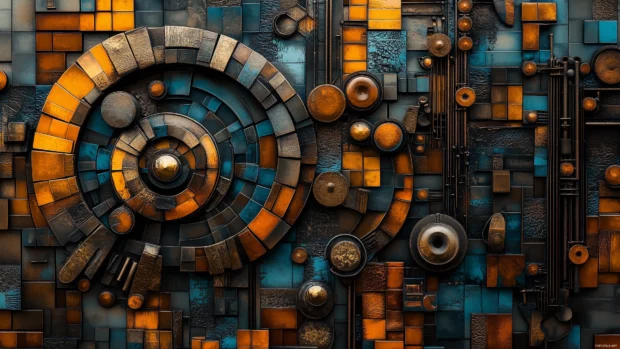 Music symbols, instruments, mosaic tile, bold colors, vibrant aesthetic.