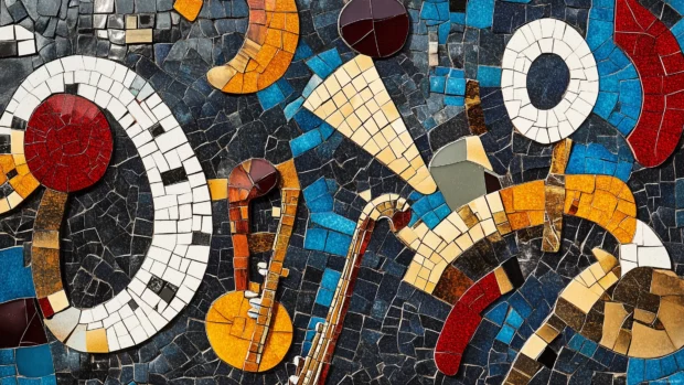 Music symbols, instruments, mosaic tiles, vibrant colors, dynamic aesthetic.