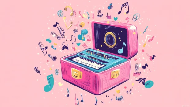 Music themed doodles spinning around pink music box.