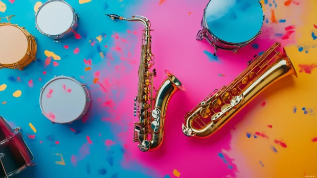Musical instruments, saxophone, trumpet, drum, colorful abstract style, bright backdrop, vivid shapes.