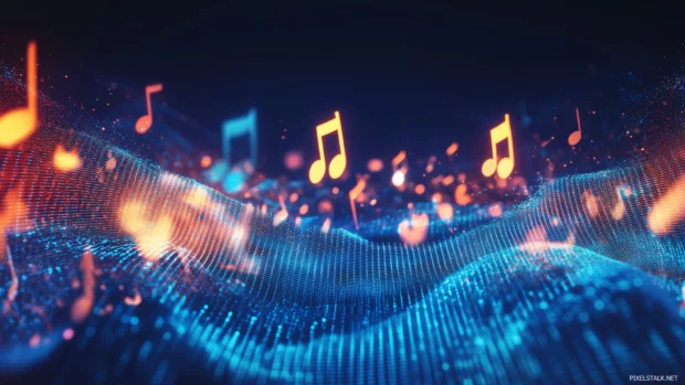 Musical notes, bright waves, move in patterns, dark setting, vibrant rhythm.