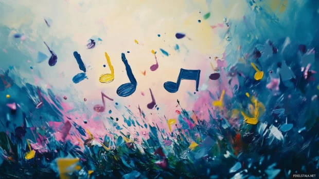 Musical notes, vibrant colors, splash with brush strokes, dynamic music canvas.