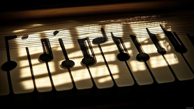 Musical staff close up with detailed music notes and sunlight casting soft shadows.