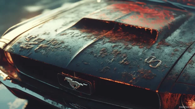 Mustang hood outlined in hazy letter forms and burn marks.