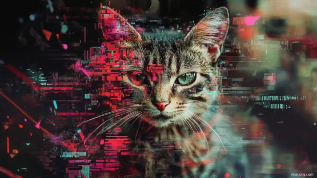 Mutant cat with glitch effects surrounded by wildstyle words.