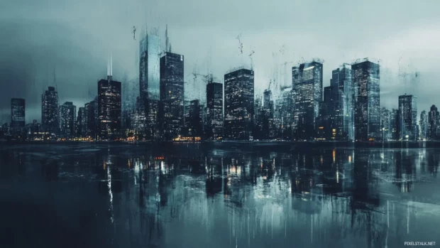 Muted dusk skyline flooded with expressive marks in graffiti cityscape wallpapers.