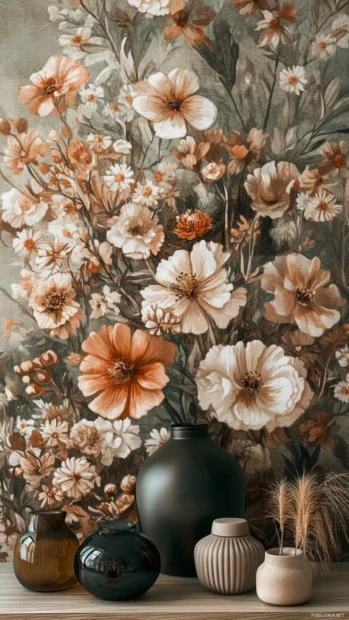 Muted retro floral wallpaper with brown and beige flower arrangement.