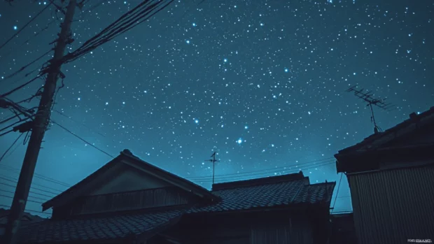Muted stars twinkling over vintage rooftops.