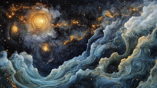 Mysterious cliffs wrapped in swirling gold stars.