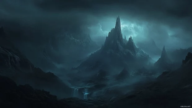 Mysterious dark mountains with mist rolling through the peaks, a moody background for Dark PC Wallpapers.