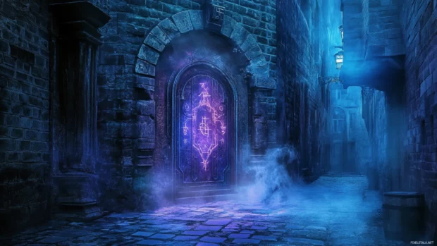 Mysterious doorway in a misty alley glowing with runes.