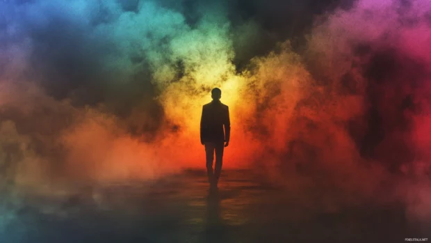 Mysterious figure disappearing into neon mist.