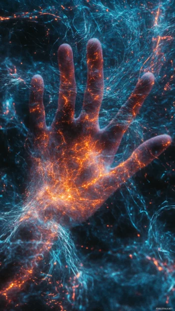 Mysterious hands reaching through black mist, tangled in glowing trippy lines.