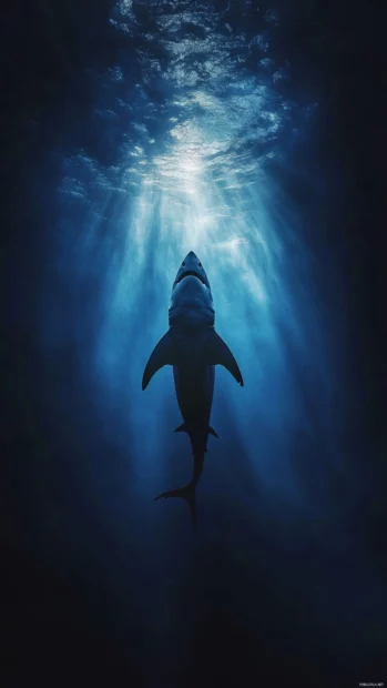 Mysterious shark figure fading into blue depths.