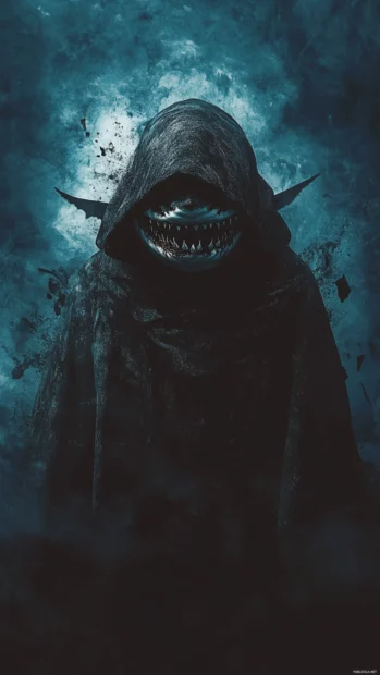 Mysterious shark in hooded cape surrounded by shadows.