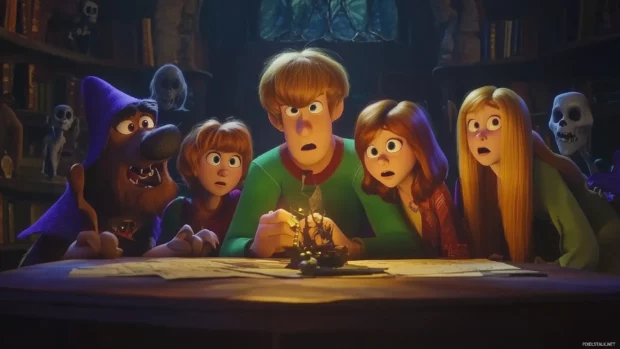 Mystery Inc  solving a spooky mystery, ghosts and ghouls in the background, Cartoon Network logo displayed.