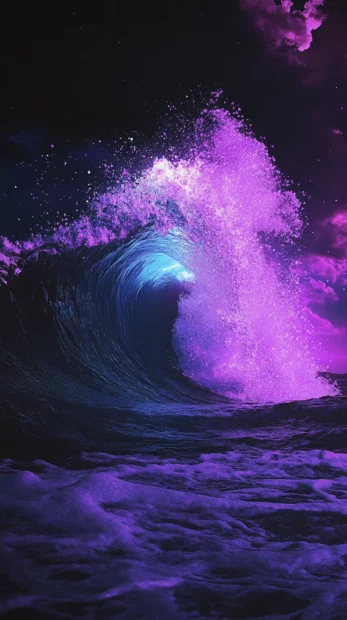 Mystic neon wave crashing through the void, High contrast black neon.