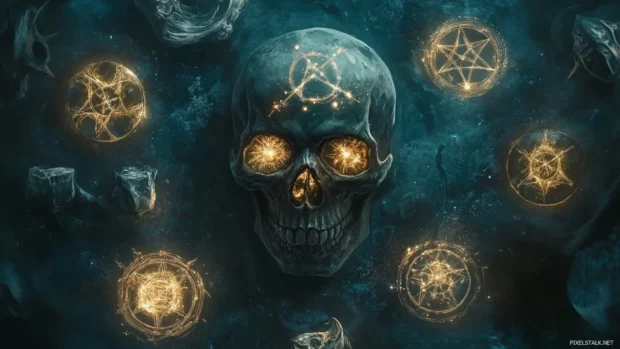Mystic skull desktop wallpapers HD with starfields and glowing sigils.