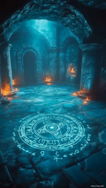 Mystic symbols glowing and rotating in a dark chamber.