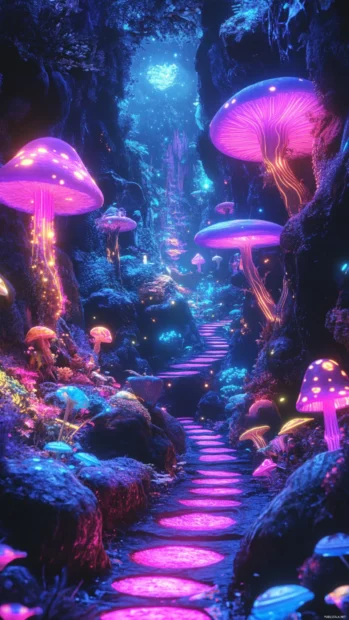 Mystic valley glowing in surreal neon palette, 4K neon dreamscape image.