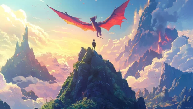Mystical Moving Anime Wallpapers with dragons soaring across mountain peaks.
