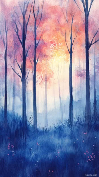 Mystical Watercolor Art For Mobile Depicting Enchanted Woods In Twilight.