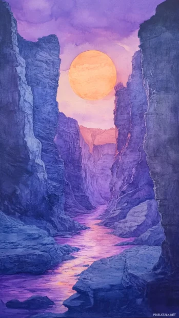 Mystical Watercolor Canyon Illuminated By A Purple Sunset.