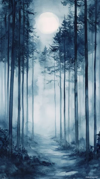 Mystical Watercolor Forest Bathed In Moonlight And Mist.