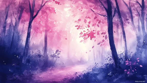 Mystical Watercolor Pastel Forest Illuminated By Twilight.