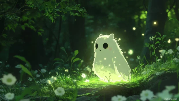 Mystical anime forest creature glowing softly.