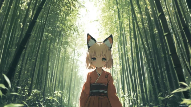 Mystical anime girl with fox ears walking through a bamboo forest.