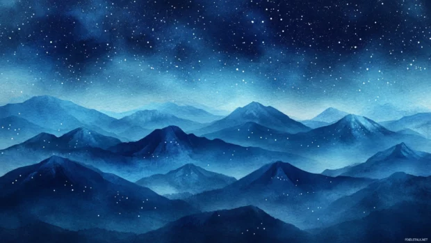Mystical blue toned mountains under a starry night sky, watercolor desktop wallpaper with mountains.