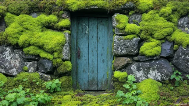 Mystical doorway hidden in mossy wall.